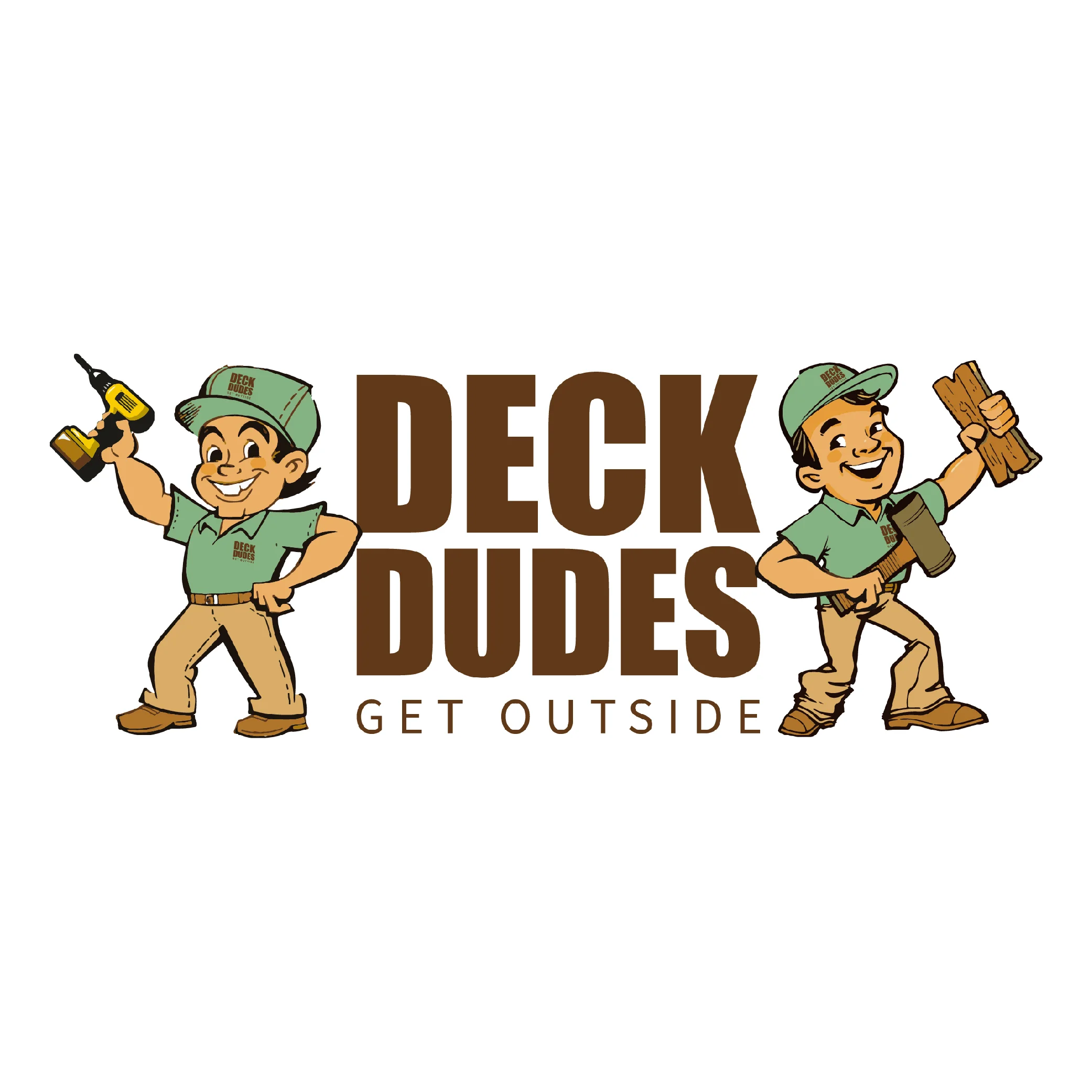 Deck Dudes character logo design by Mystique, featuring two cartoon characters with tools