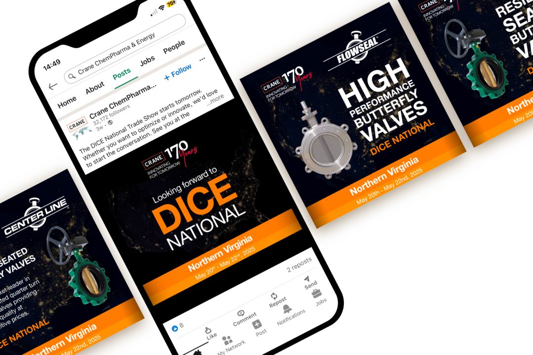 Crane ChemPharma & Energy booth at DICE National trade show featuring corporate identity collateral, event branding, and social media support by Mystique Brand Communications