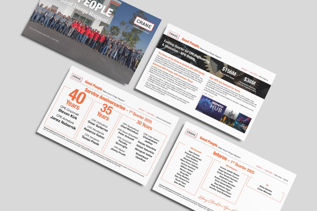 Crane 2025 Q1 newsletter presentation design showcasing corporate identity collateral created by Mystique Brand Communications