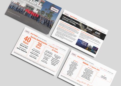 Crane 2025 Q1 newsletter presentation design showcasing corporate identity collateral created by Mystique Brand Communications