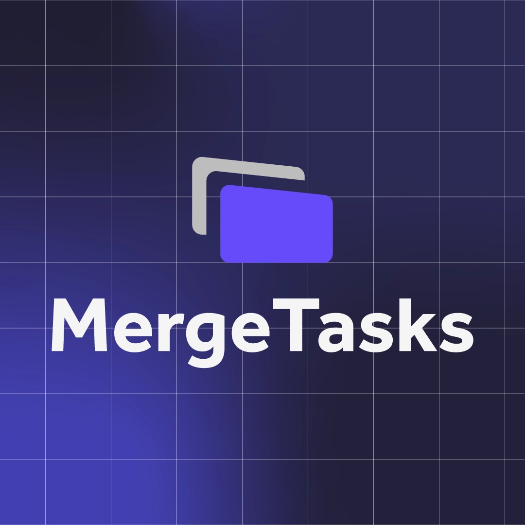 Logo design for MergeTasks — a bold, modern identity for a B2B operations hub that helps distributors move work from proposal to payment.
